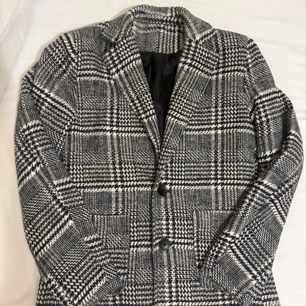 Uaneo Unisex‎ Black White Plaid Wool Blend Longline Coat Jacket RJ-C121 Small